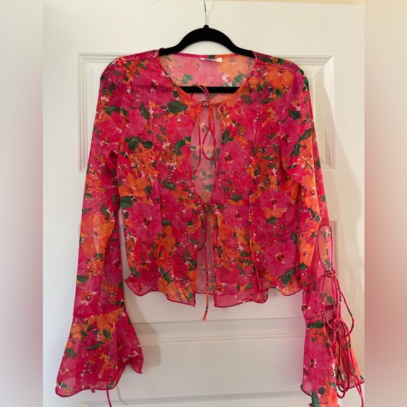 Rumored East End Electric Floral Pink Sheer Top, small - Picture 2 of 8